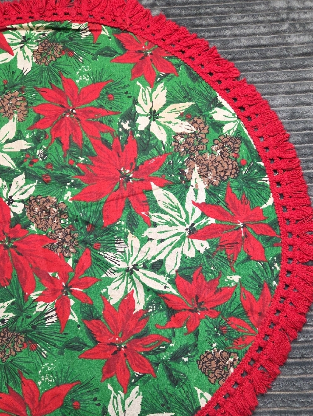 Festive Poinsettia Round Holiday Table Topper - Red & Green - Picture 6 of 7